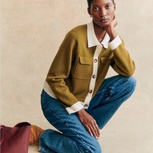 NWT Sezane Betty Merino Wool Cardigan, Olive Ecru, size XXS